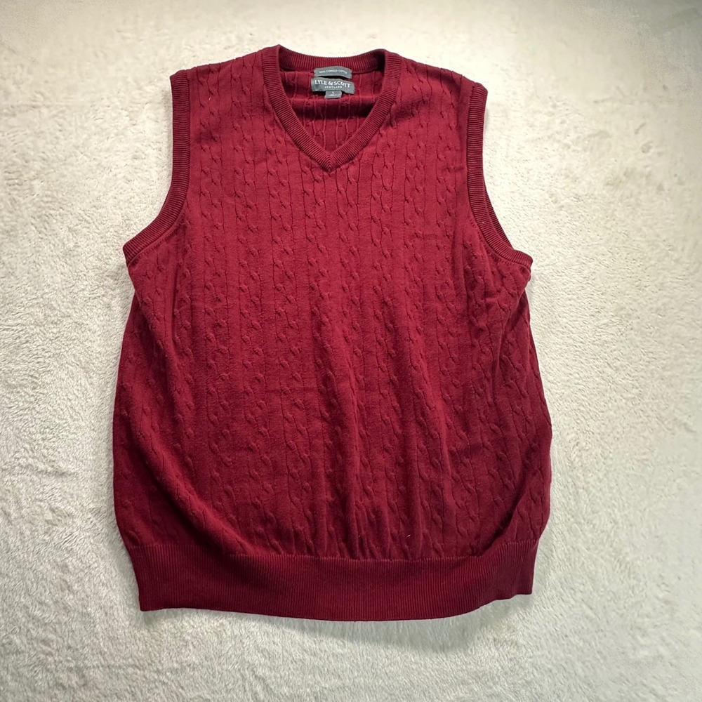 Lyle & Scott Scotland Mens Large Burgundy Red Cable Knit Cotton V-Neck Vest